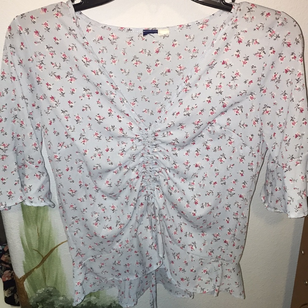 Cute Light Blue Blouse with Tie At the Bottom